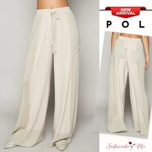 POL High Rise Color Blocked Design Drawstring Wide Leg Palazzo Pants | Cream
